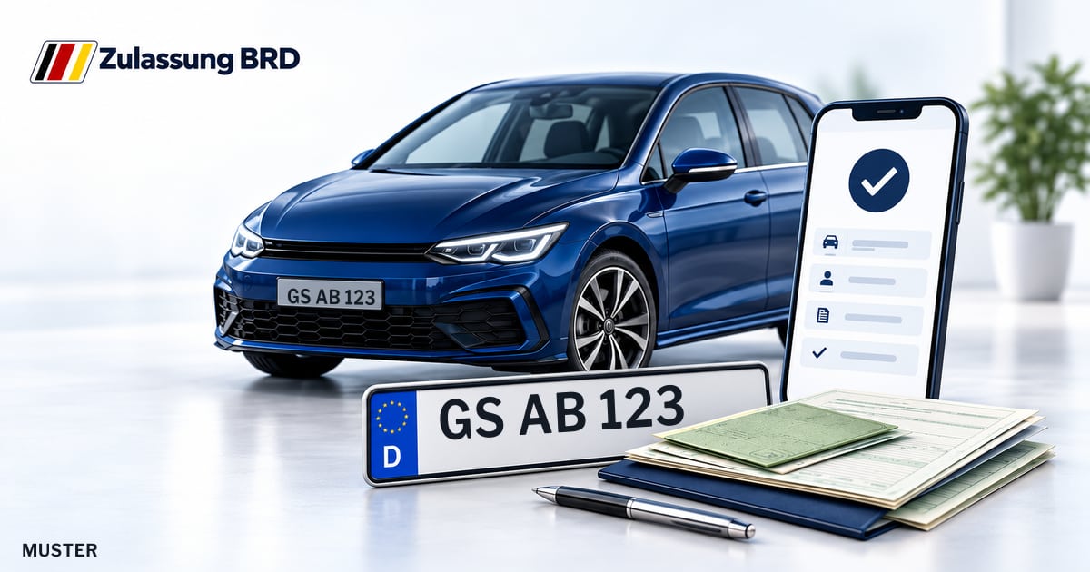 Online Fahrzeugzulassung in Landkreis Goslar: Musterkennzeichen GS AB 123, Auto und Fahrzeugpapiere und Smartphone. Illustration mit Logo von Zulassung BRD.